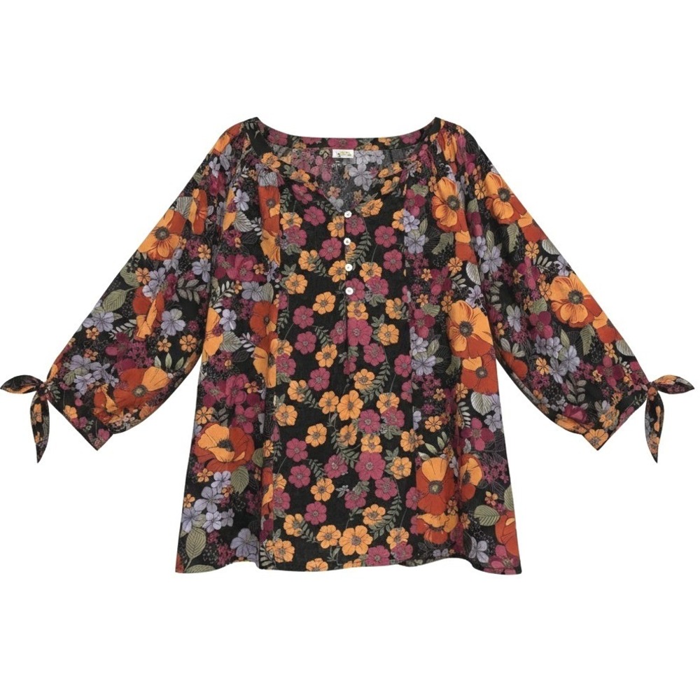 Fig and Flower Floral Blouse Women 3X Black Orange Boho Tie Sleeve Peasant Top